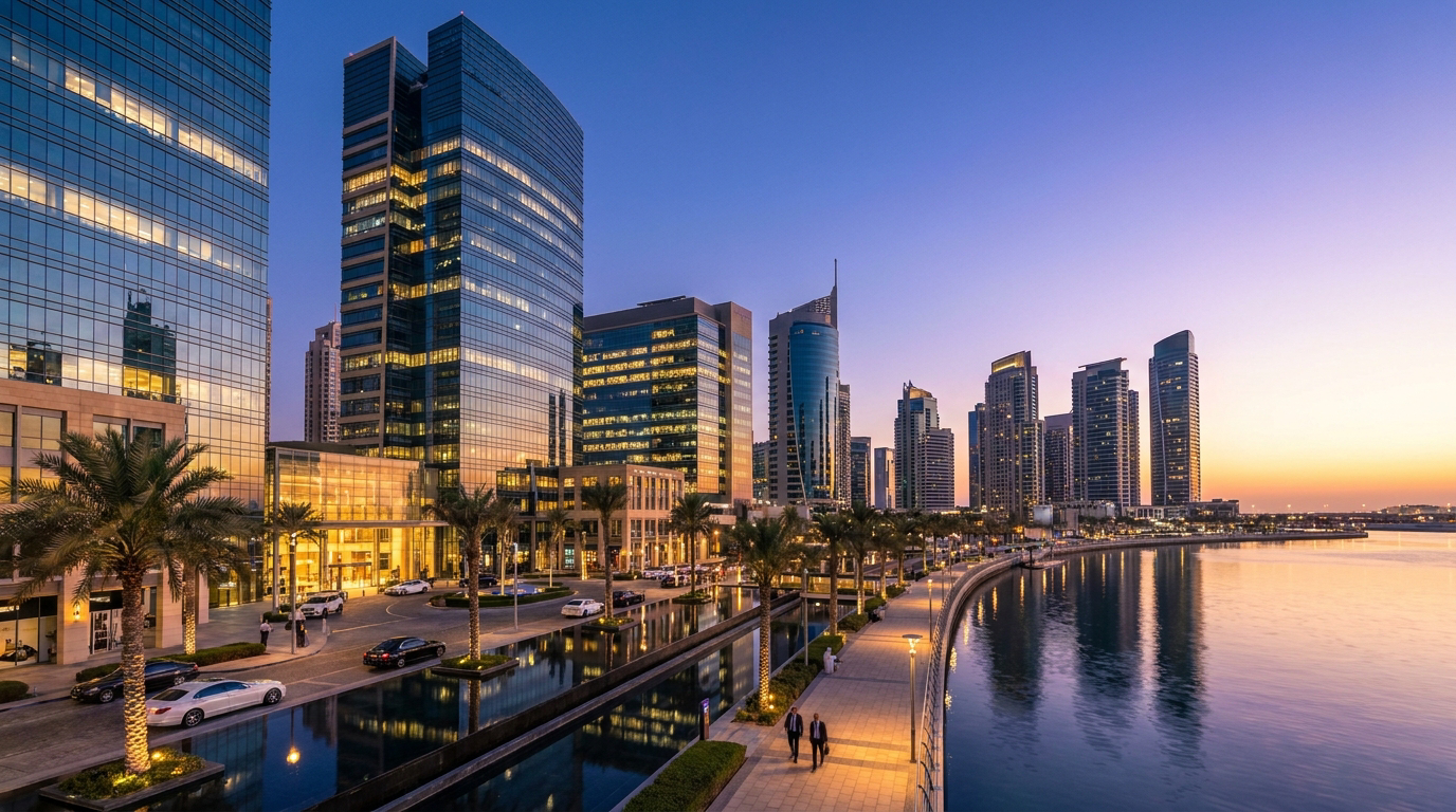 Gulf financial district skyline at dusk